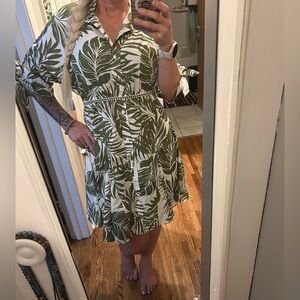 Green Leaf Print Shirt Dress